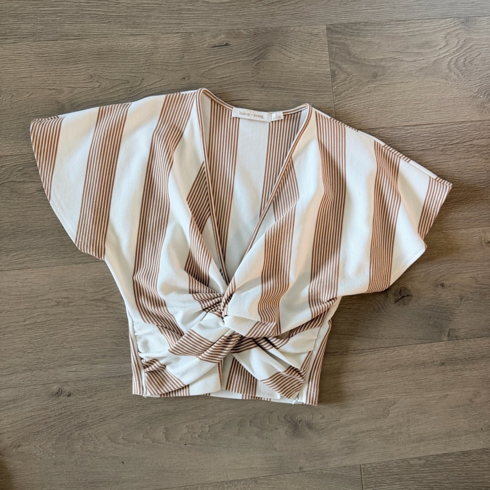 bishop + young Striped Knot Front Blouse - White and Brown